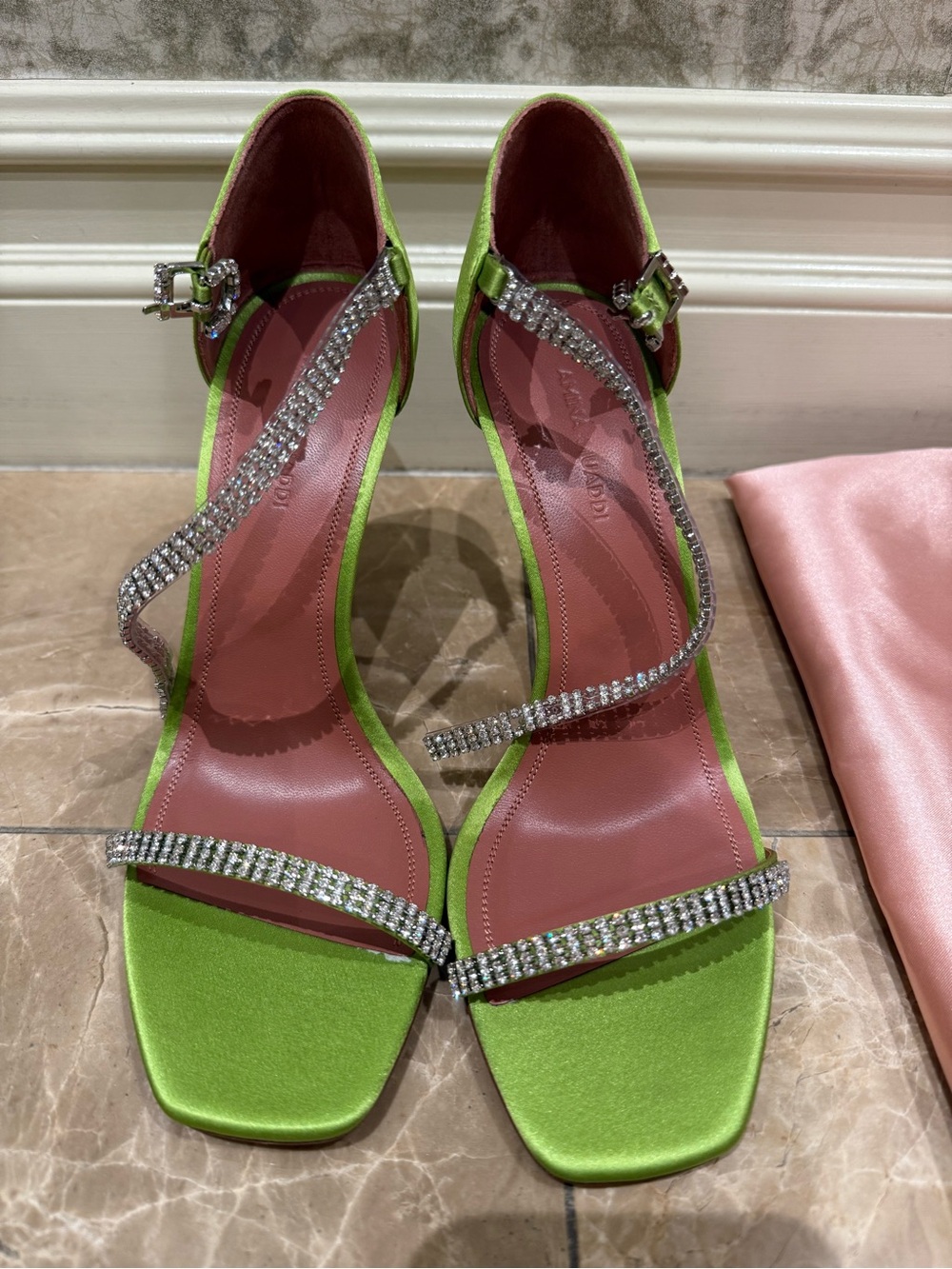 Amina Muaddi Lime Green Satin Heels with Crystal Straps